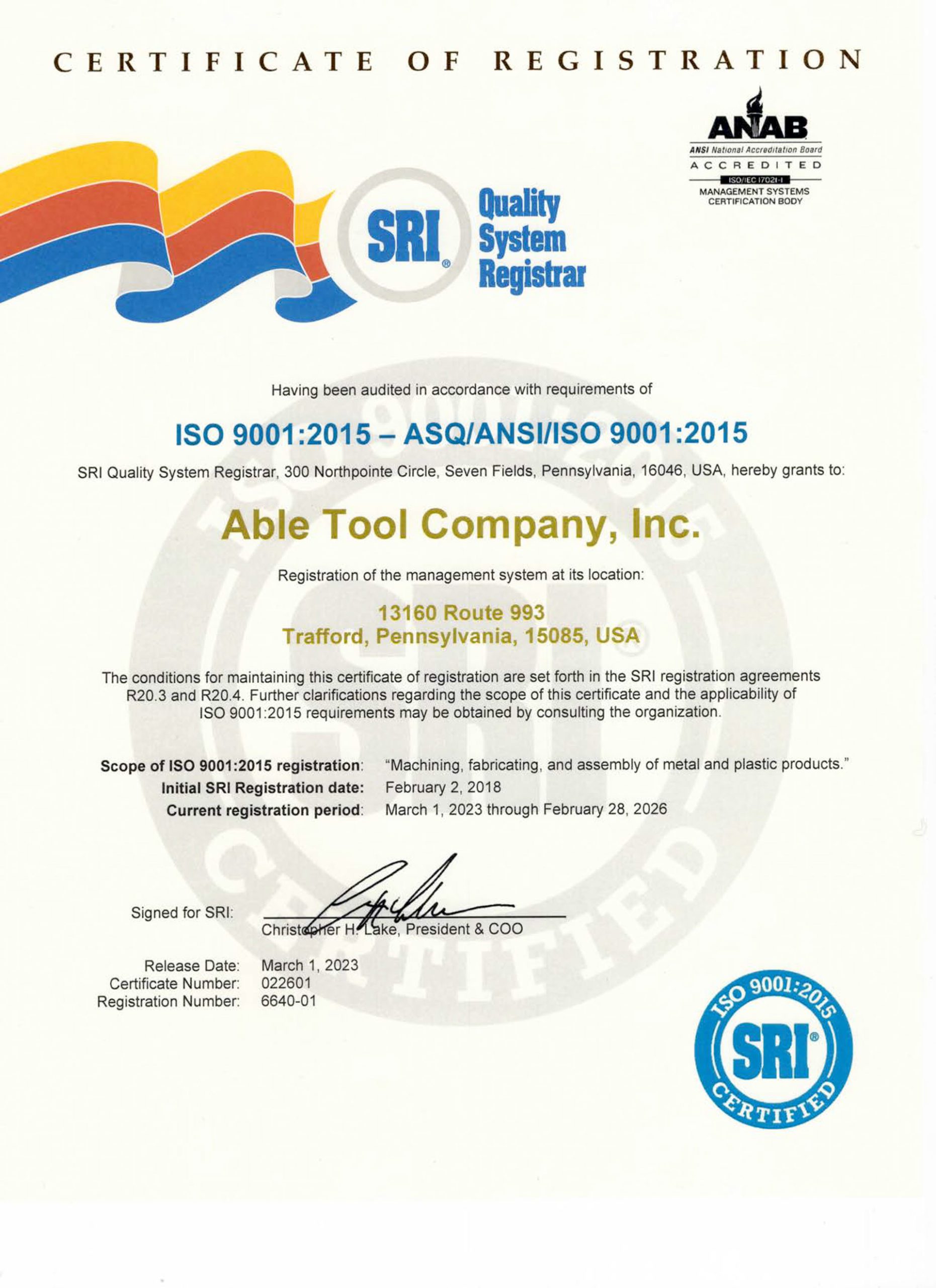 AbleTool Trafford ISO 2023 certificate