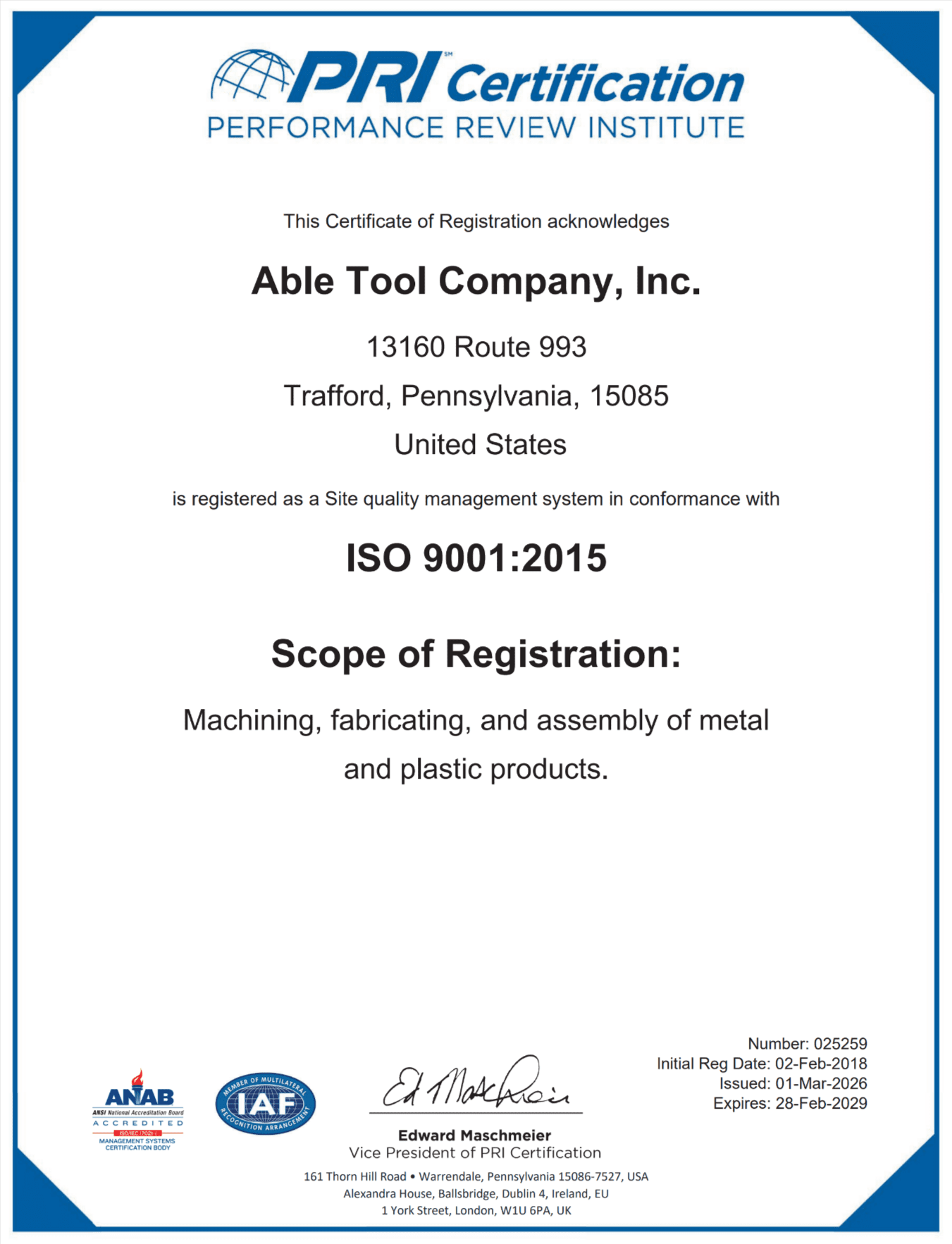 able-ISO-2026 Able Tool ISO Certification